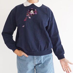 Vintage Top Stitch Navy Bird Floral Embroidered Collared Preppy Sweater P/M